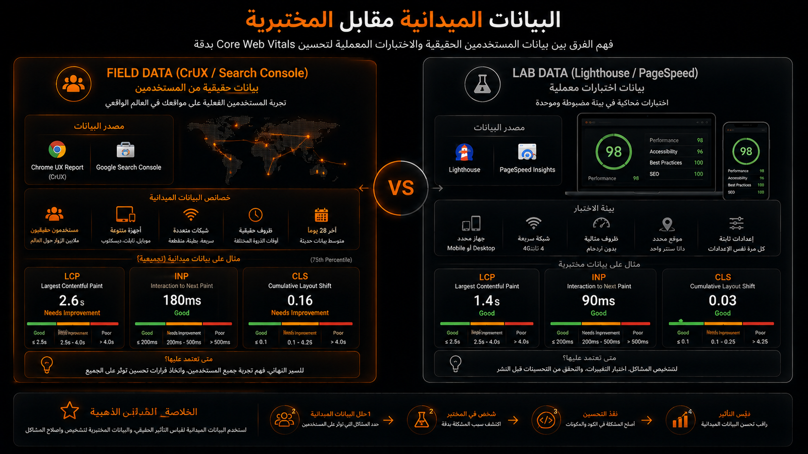 المقارنة بين البيانات الميدانية من CrUX والبيانات المختبرية من Lighthouse