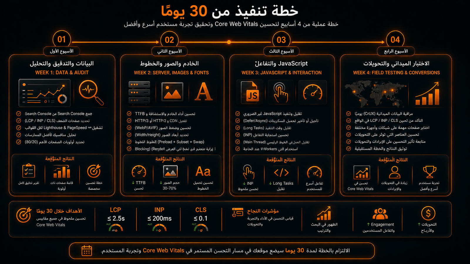 خطة عمل من أربعة أسابيع لإصلاح الخادم والصور وJavaScript وتجربة المستخدم مكان الصورة: مباشرة تحت عنوان «خطة تنفيذ من 30 يومًا».